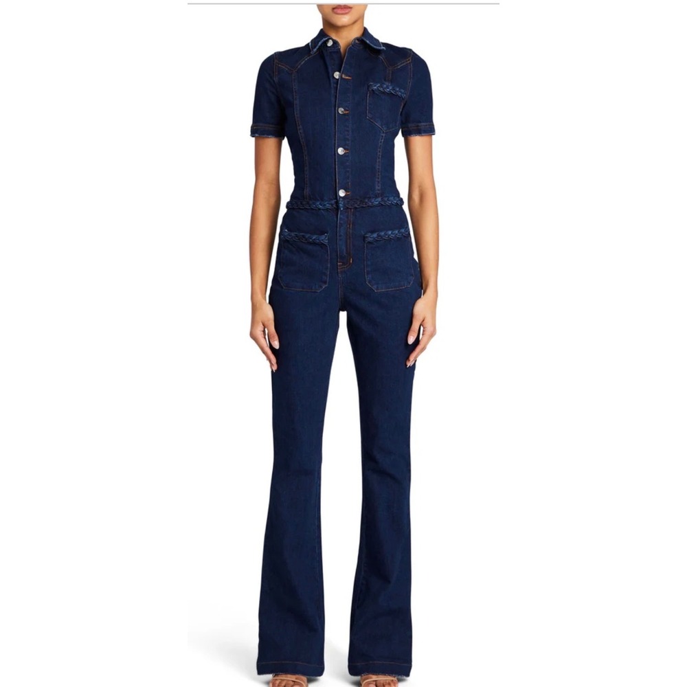Free People x SER.O.YA Alice Jumpsuit Deep Sea Denim Braided Flare Leg Jumpsuit - Picture 3 of 16
